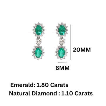 Emerald Oval Diamond Floral Halo Dangle Earrings in Gold | Natural Emerald Drop Earrings | Jewels Park