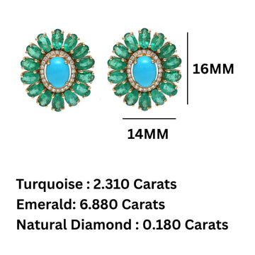 Turquoise & Emerald Floral Stud Earrings  Gold | Diamond Halo Statement Studs