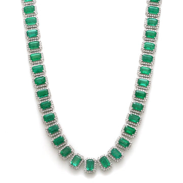 Emerald Cut Emerald & Diamond Halo Necklace Gold