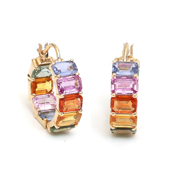 Rainbow Ombré Sapphire Hoop Earrings | 14K 18K Solid Gold | Multicolor Gemstone Huggie Hoops