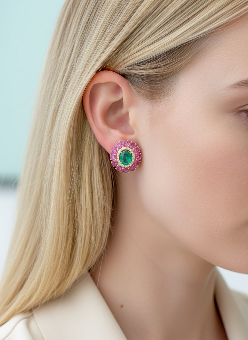 Pink Sapphire Emerald Diamond Earring