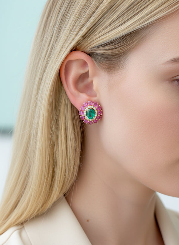 Pink Sapphire Emerald Diamond Earring