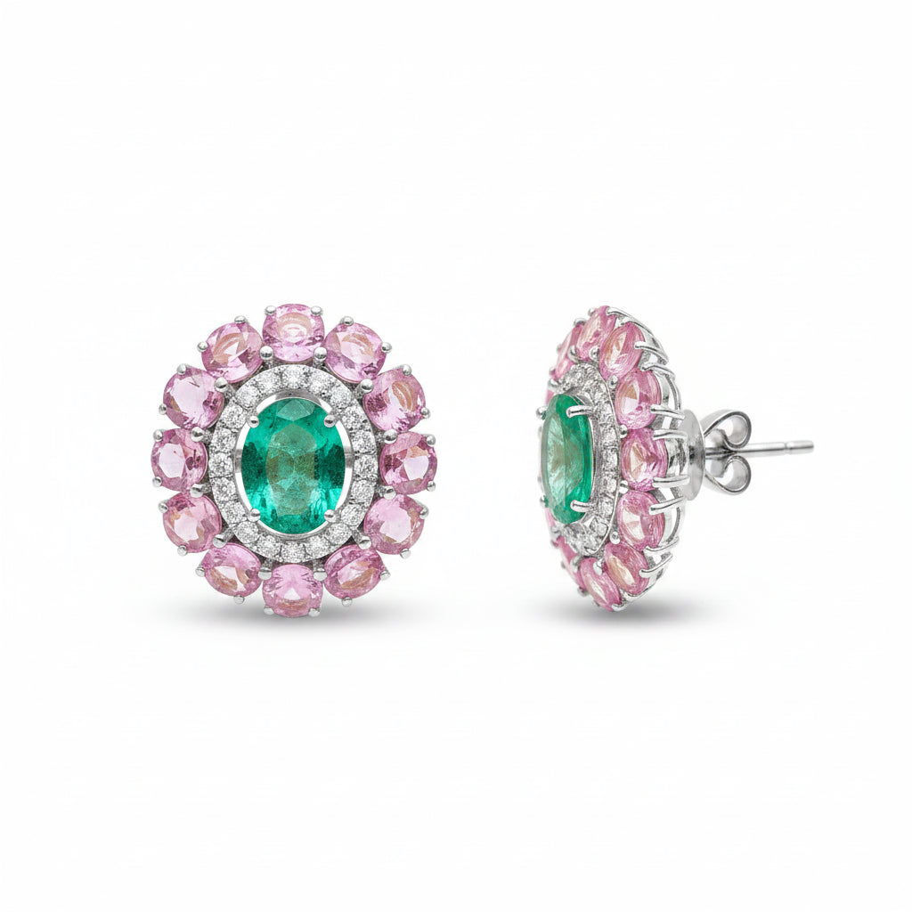 Pink Sapphire Emerald Diamond Earring
