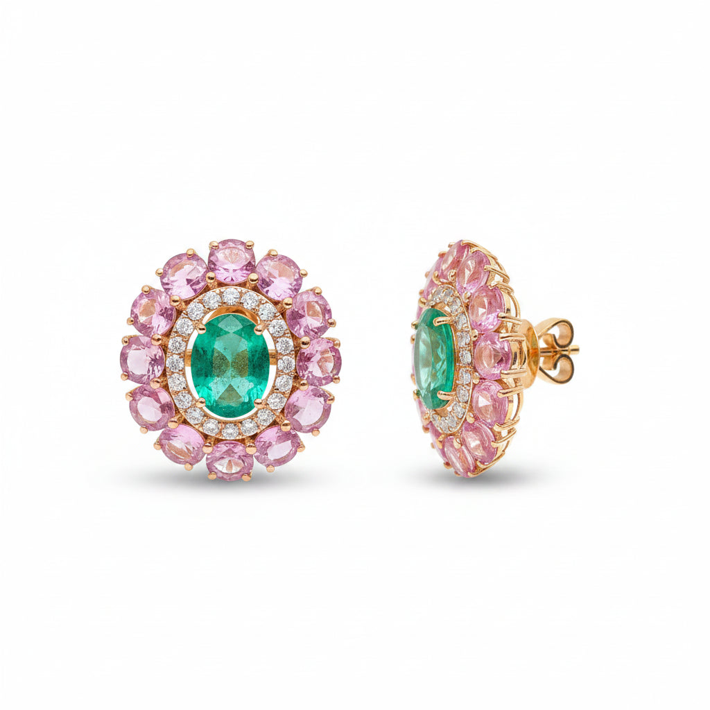Pink Sapphire Emerald Diamond Earring