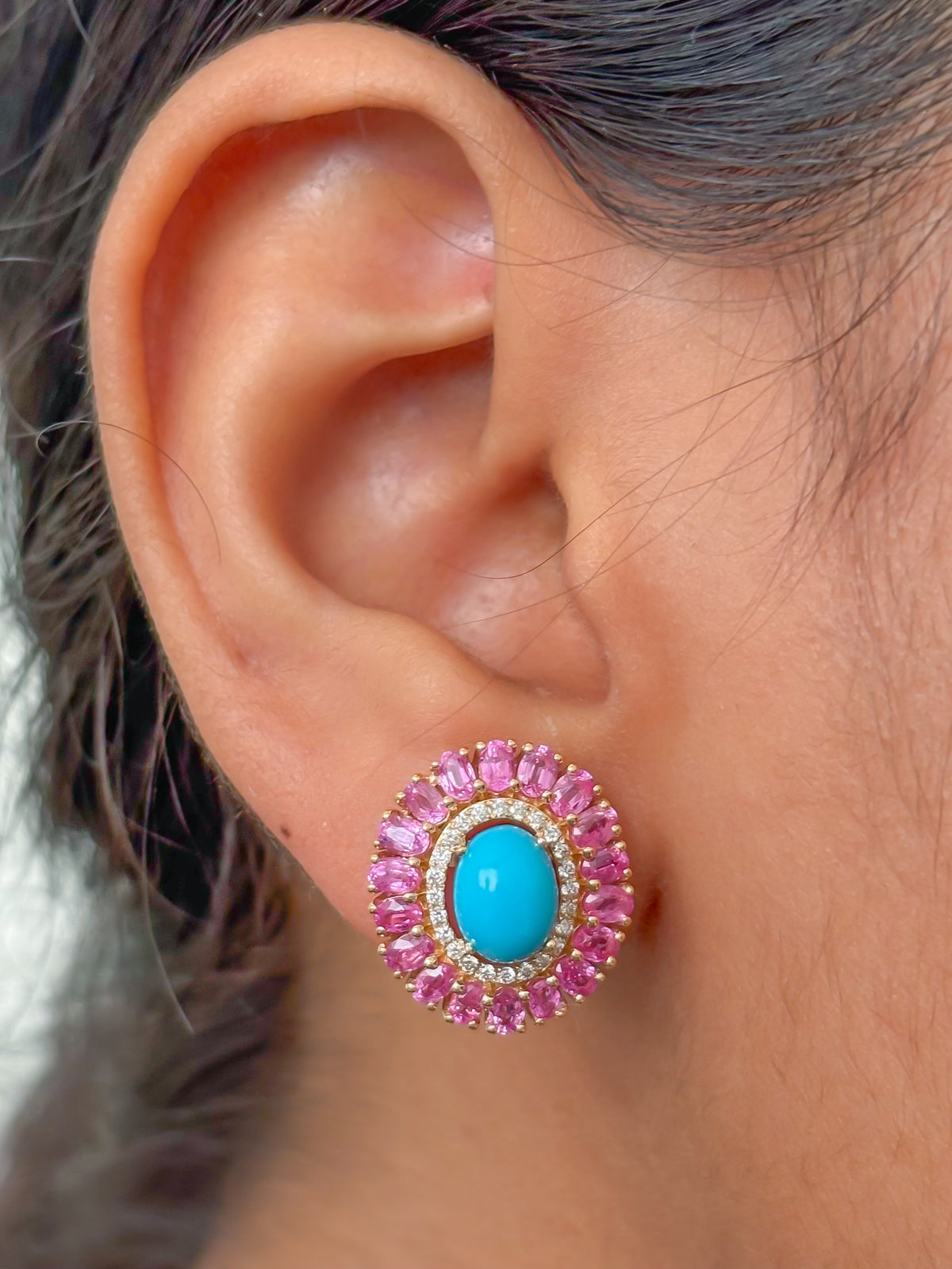 Pink Sapphire Turquoise Diamond Earrings