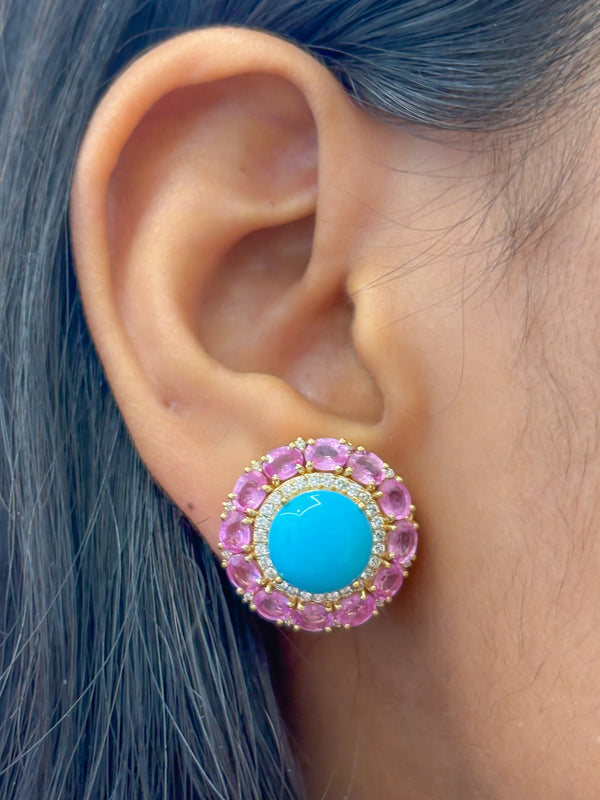 Turquoise Pink Sapphire Diamond Earrings