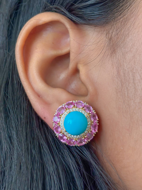 Turquoise Pink Sapphire Diamond Earrings