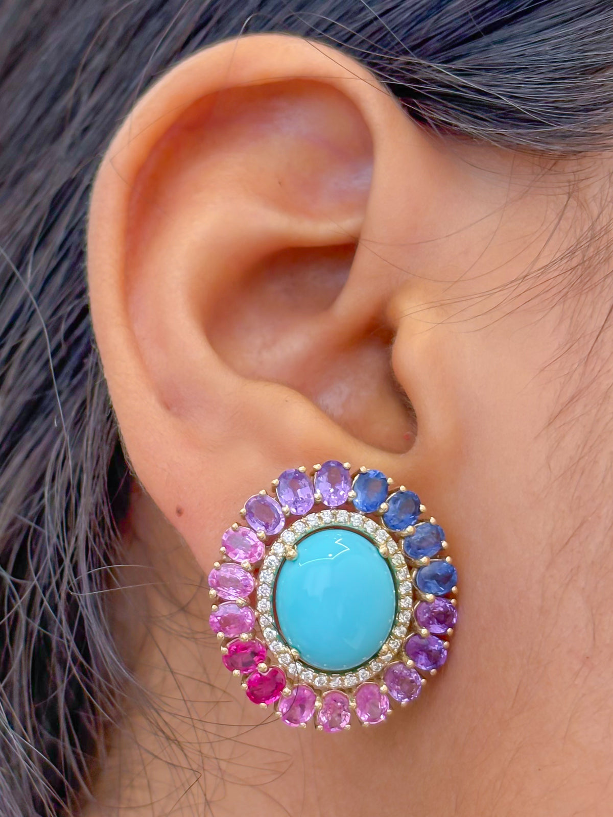 Turquoise Rainbow Sapphire Diamond Earrings