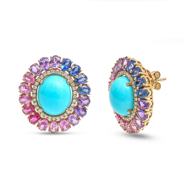 Turquoise Rainbow Sapphire Diamond Earrings
