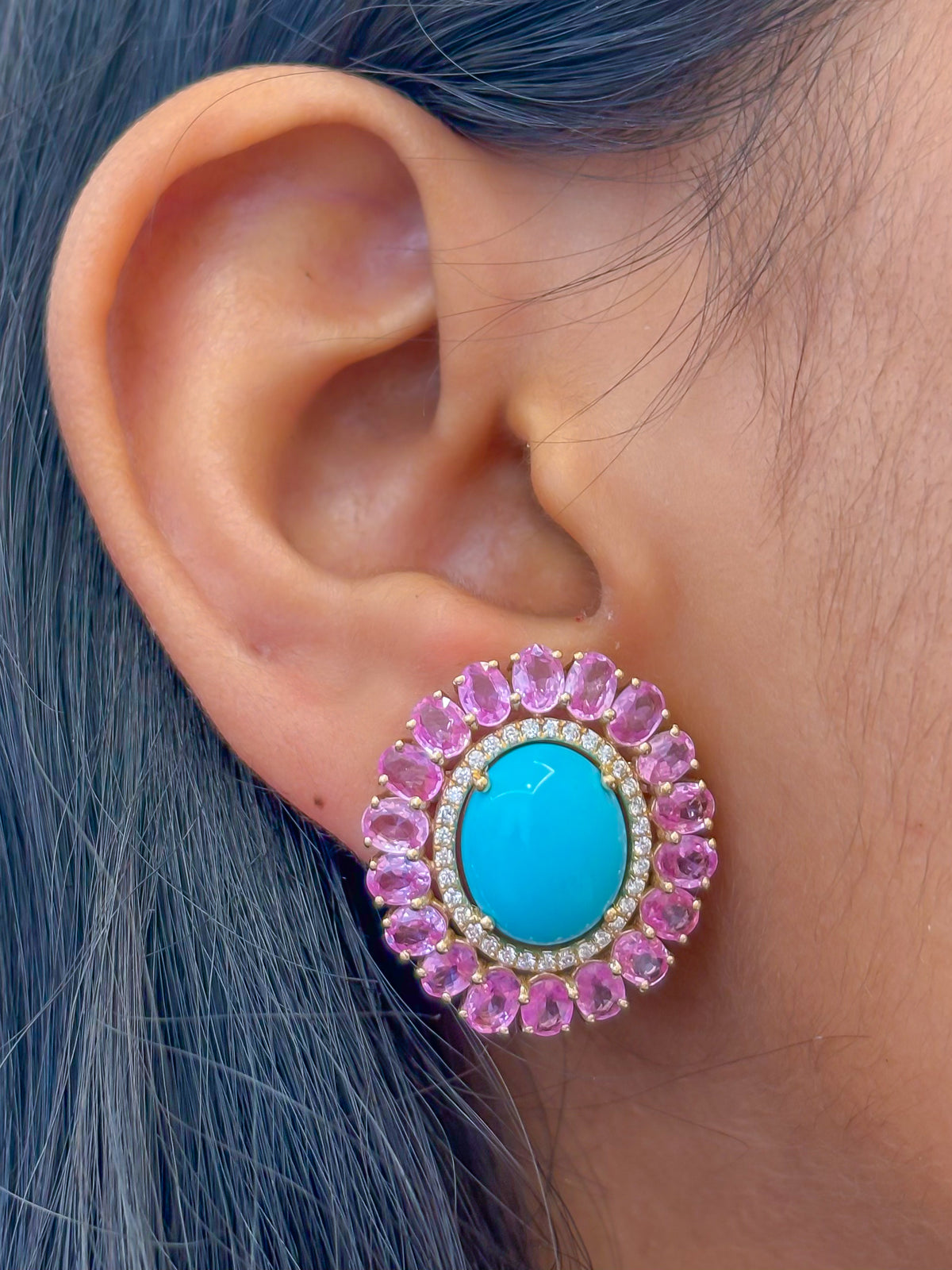Turquoise Pink Sapphire Diamond Earrings