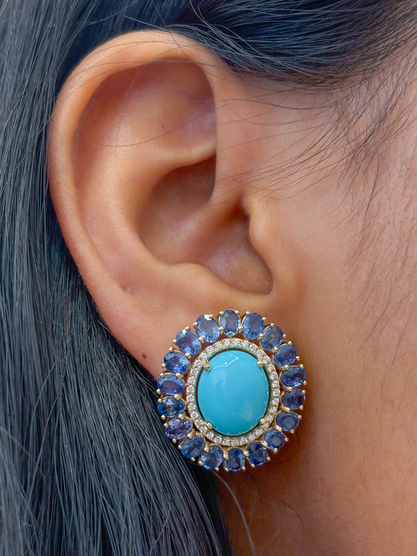 Turquoise Blue Sapphire Diamond Earrings