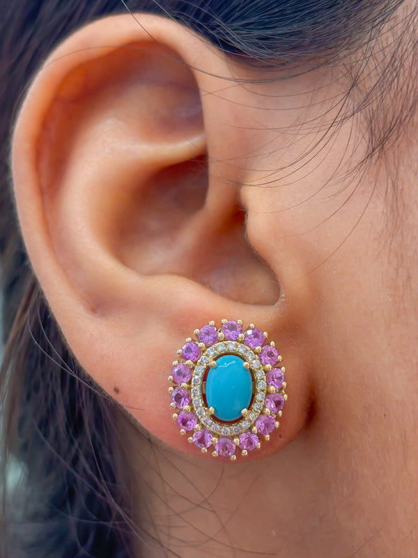 Pink Sapphire Turquoise Diamond Earrings