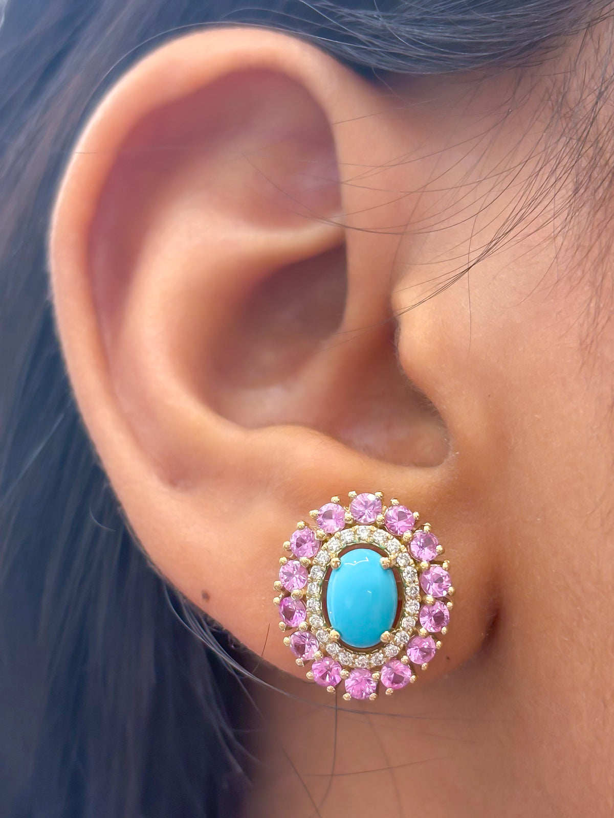 Pink Sapphire Turquoise Diamond Earrings