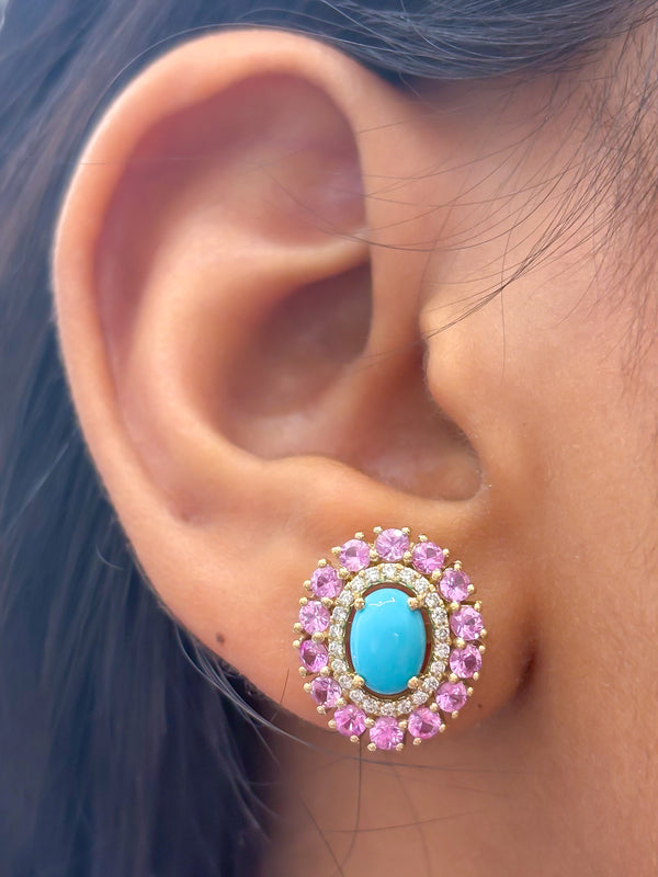 Pink Sapphire Turquoise Diamond Earrings