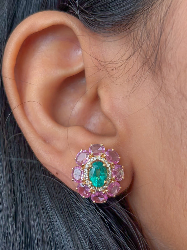 Pink Sapphire Emerald Diamond Earrings