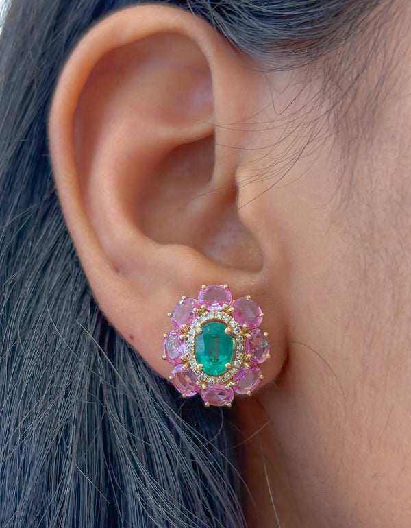 Pink Sapphire Emerald Diamond Earrings