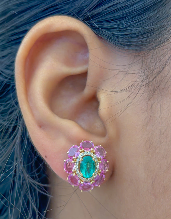 Pink Sapphire Emerald Diamond Earrings