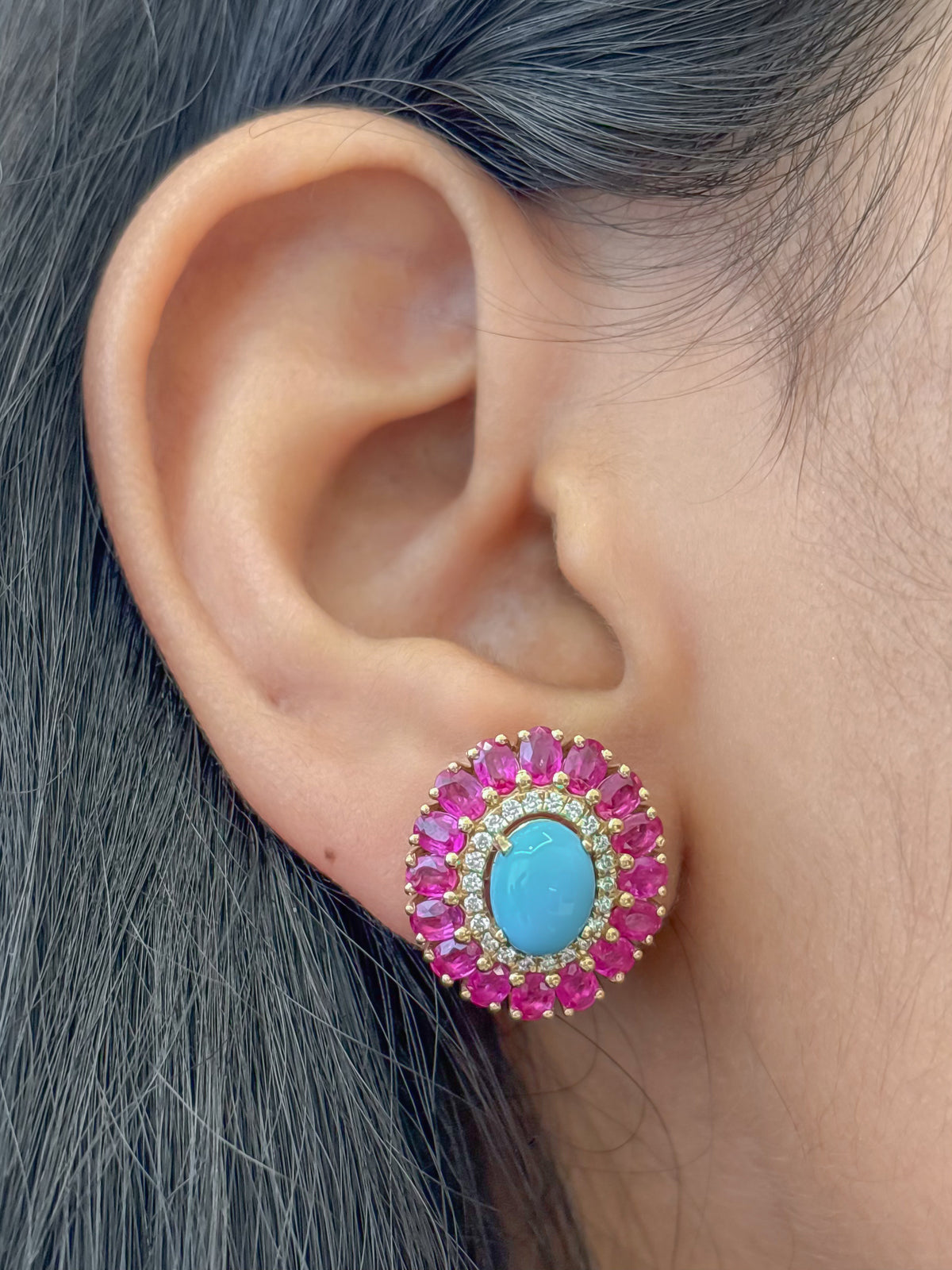 Pink Sapphire Turquoise Diamond Earrings