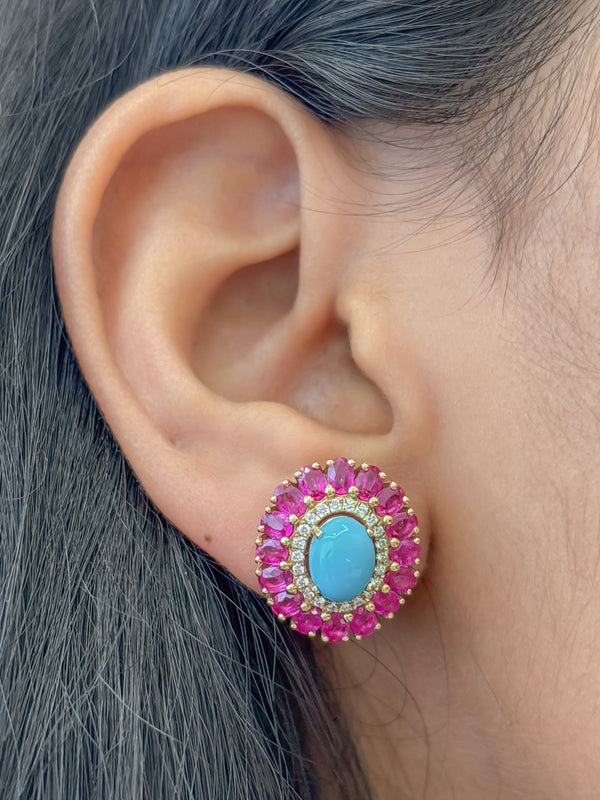 Pink Sapphire Turquoise Diamond Earrings