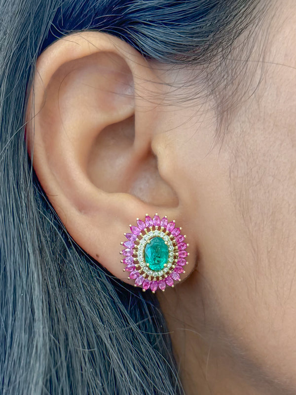 Pink Sapphire Emerald Diamond Earrings