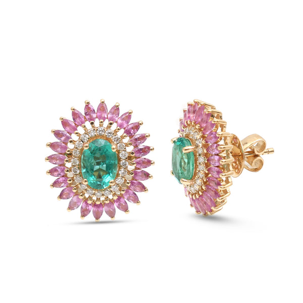 Pink Sapphire Emerald Diamond Earrings