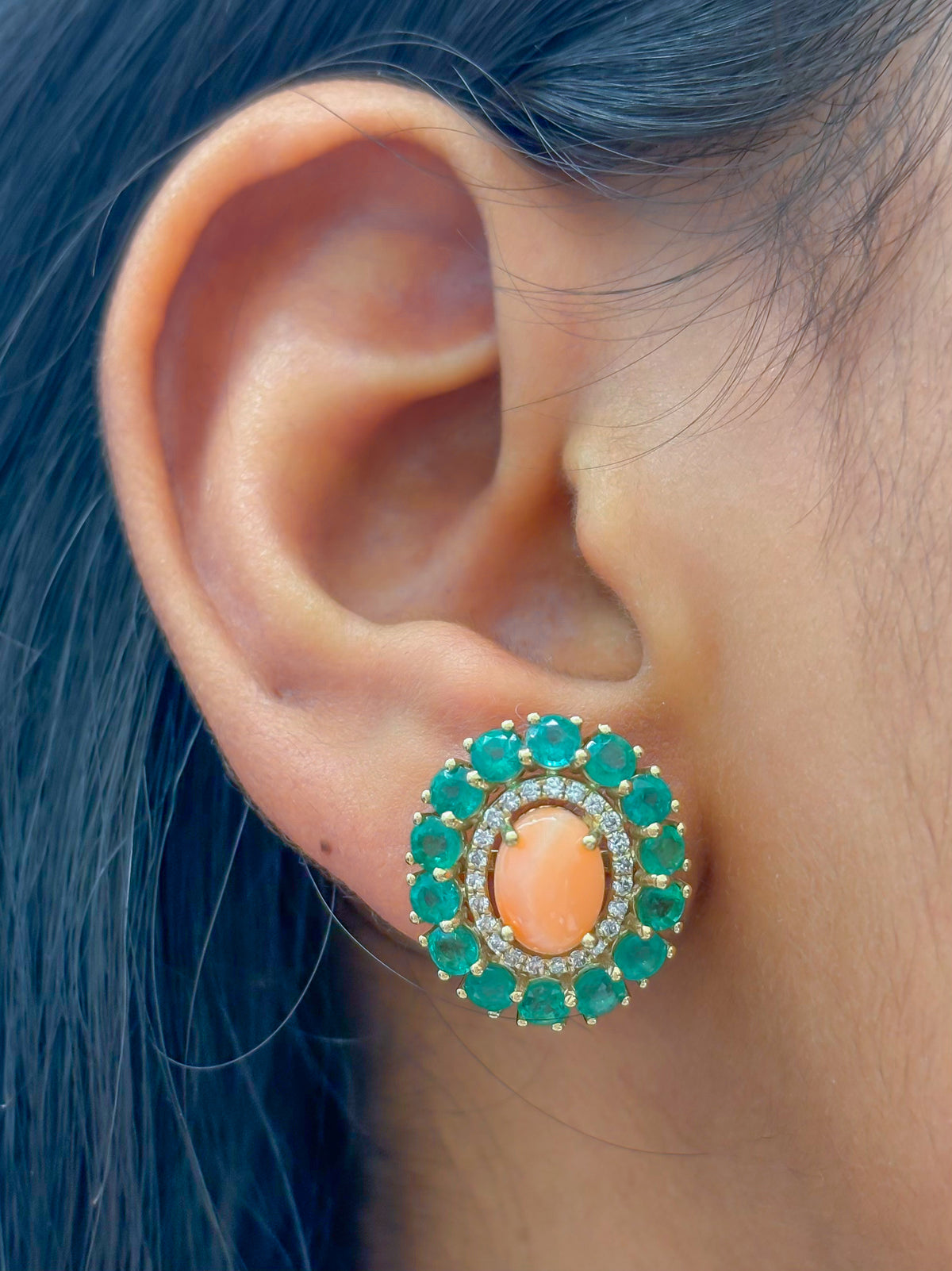 Coral Emerald Diamond Earrings