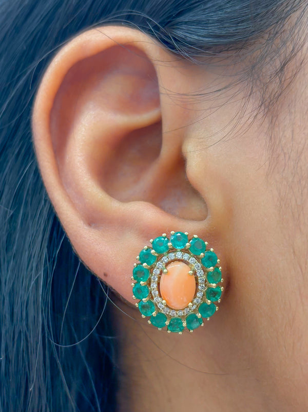 Coral Emerald Diamond Earrings