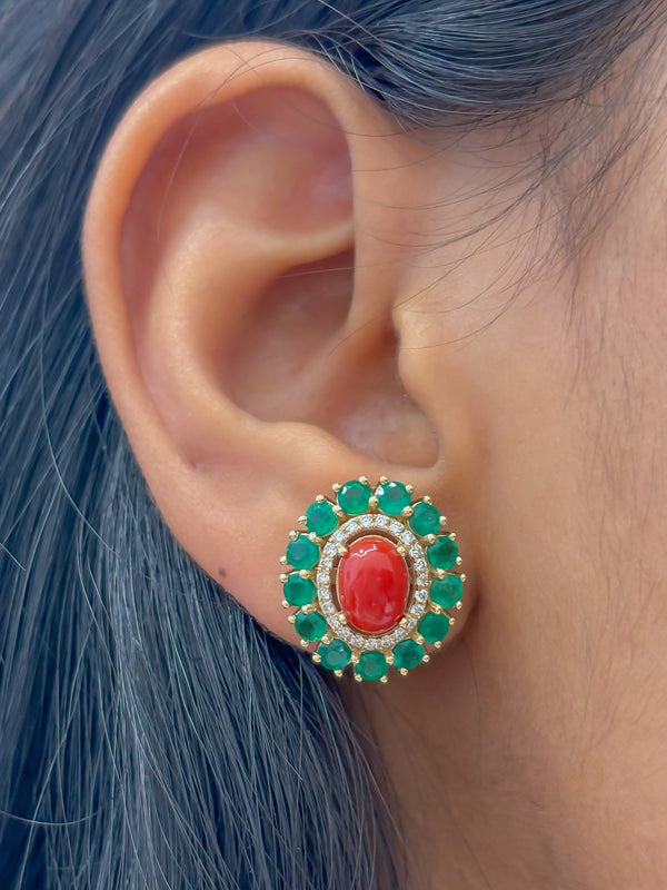 Coral Emerald Diamond Earrings