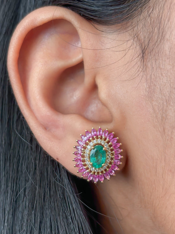 Pink Sapphire Emerald Diamond Earrings