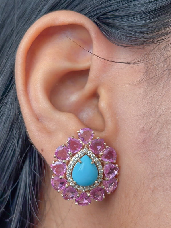 Pink Sapphire Turquoise Diamond Earrings