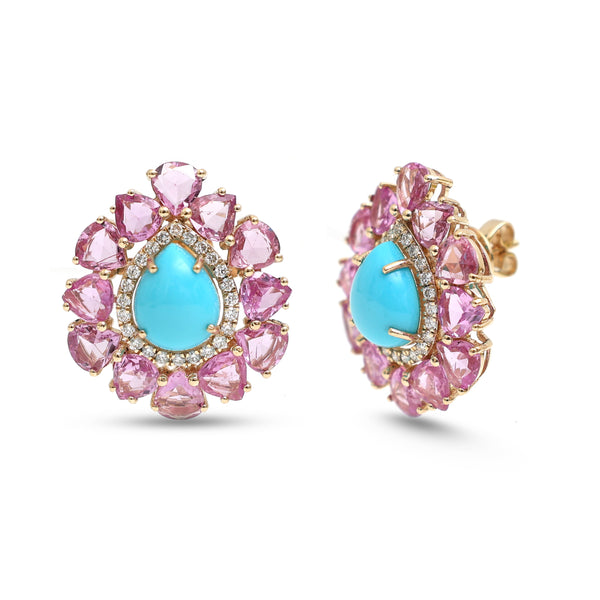 Pink Sapphire Turquoise Diamond Earrings