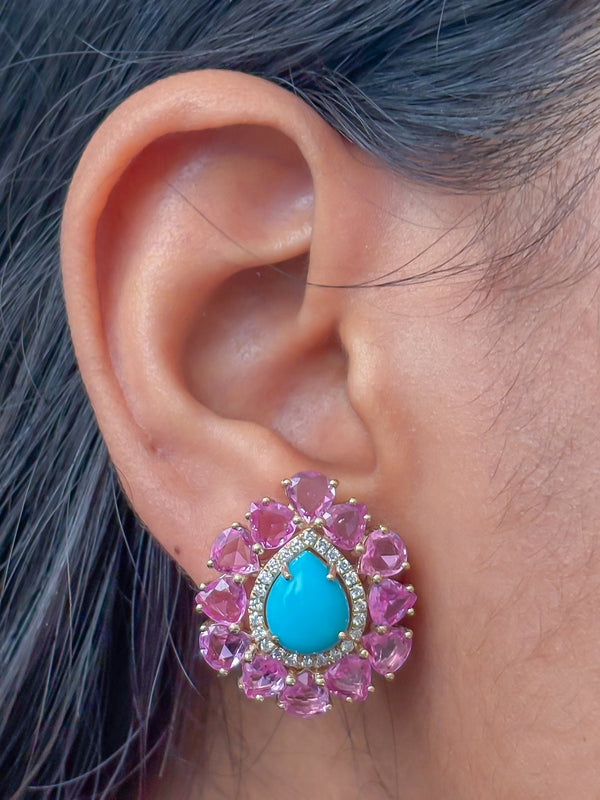 Pink Sapphire Turquoise Diamond Earrings