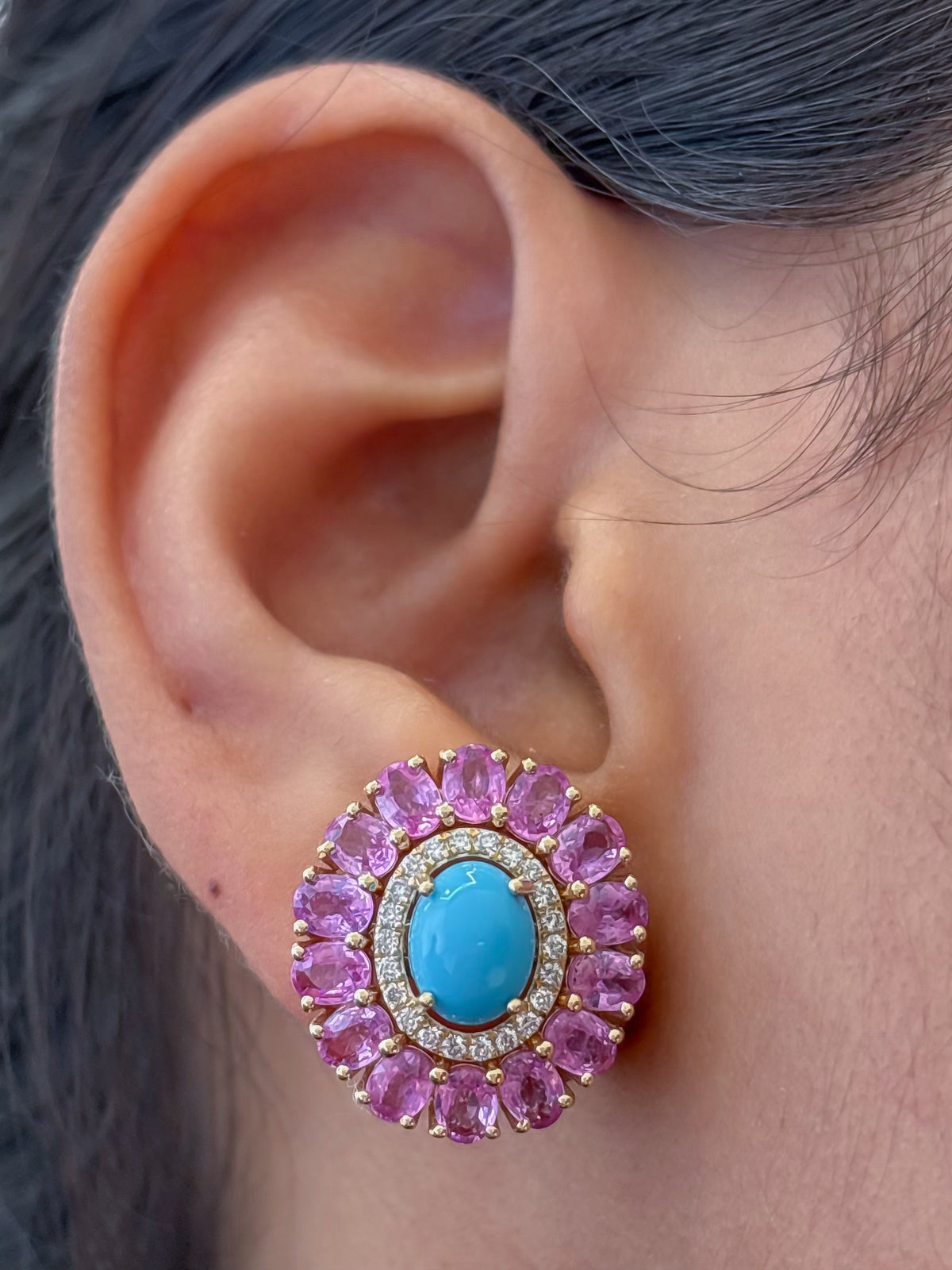 Pink Sapphire Turquoise Diamond Earrings
