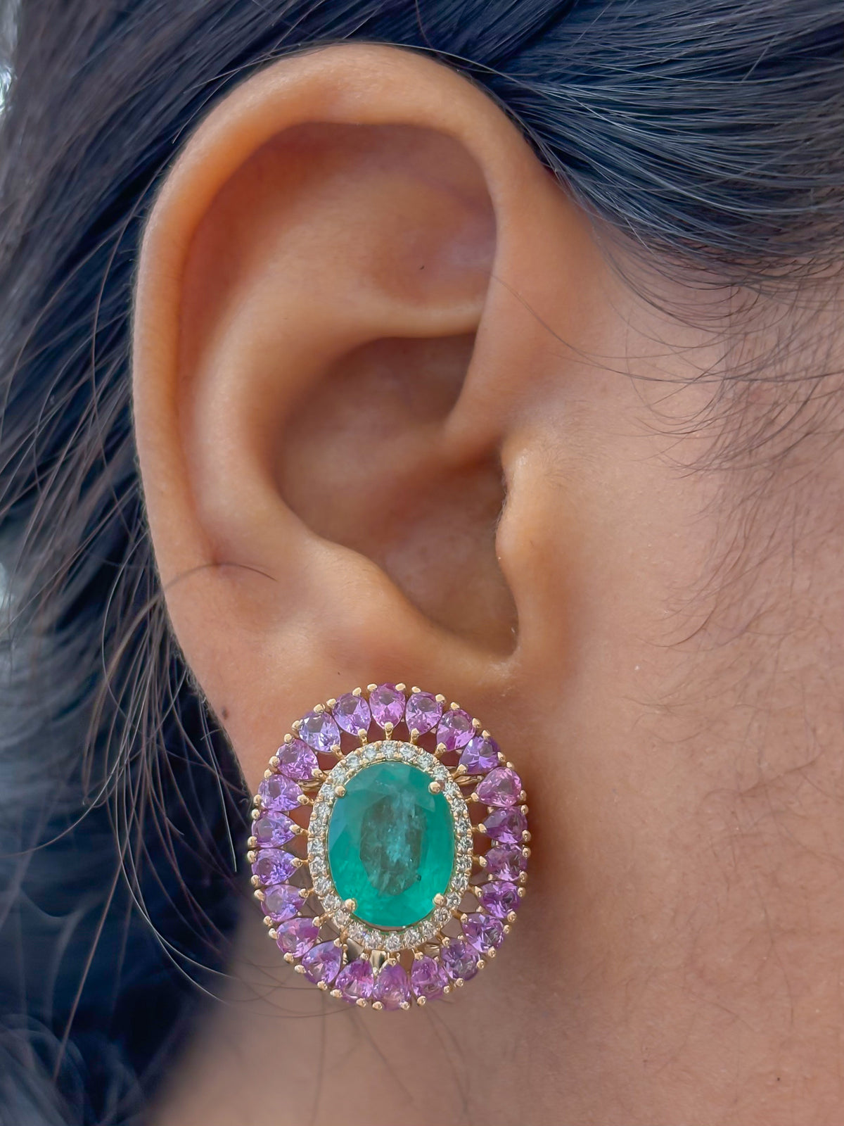 Emerald Pink Sapphire Diamond Earrings
