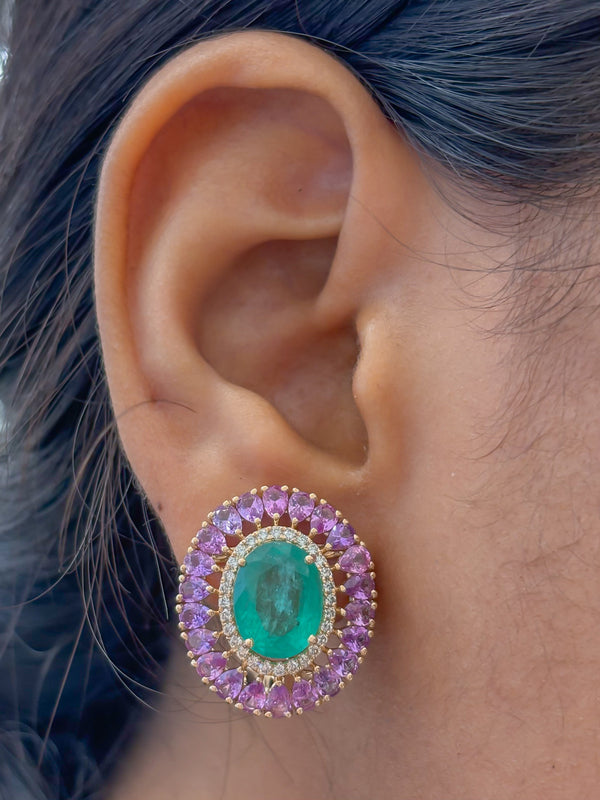 Emerald Pink Sapphire Diamond Earrings