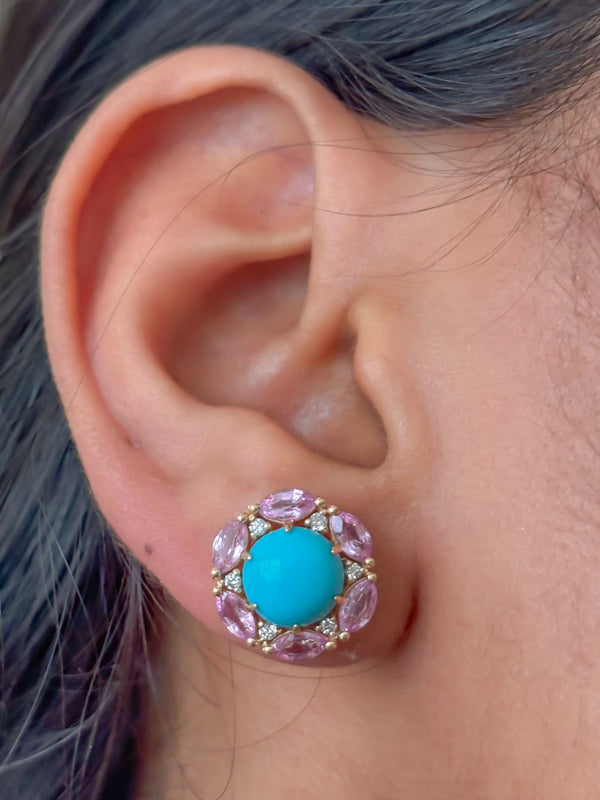Turquoise Pink Sapphire Diamond Earrings