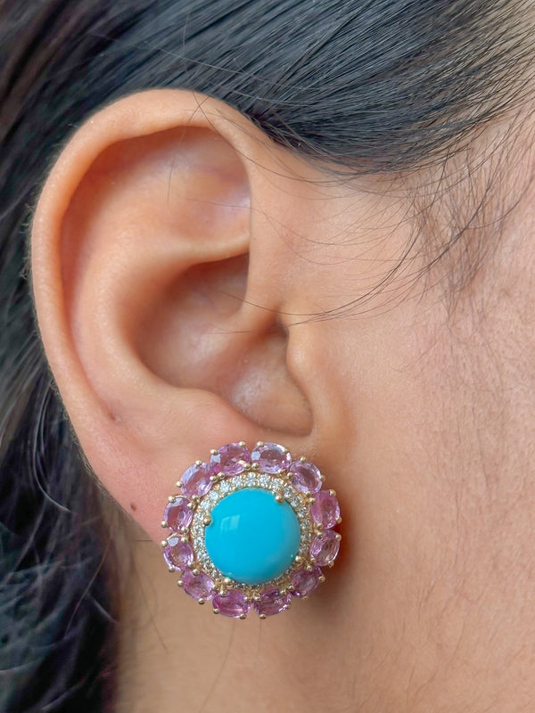 Turquoise Pink Sapphire Diamond Earrings