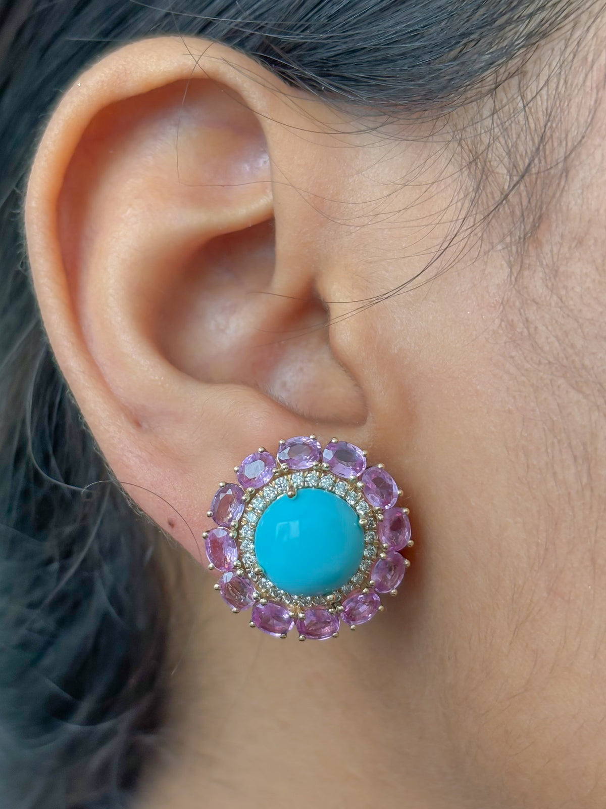 Turquoise Pink Sapphire Diamond Earrings