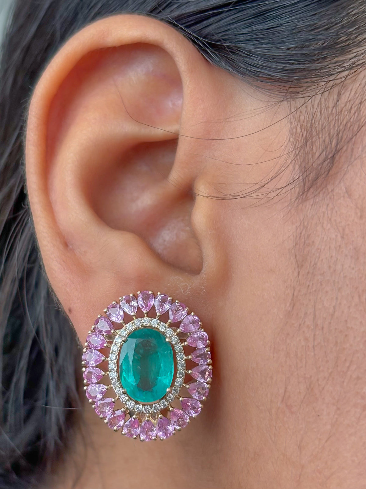 Emerald Pink Sapphire Diamond Earrings