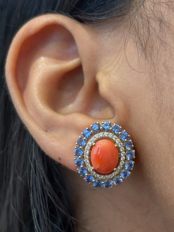 Coral Blue Sapphire Diamond Earrings