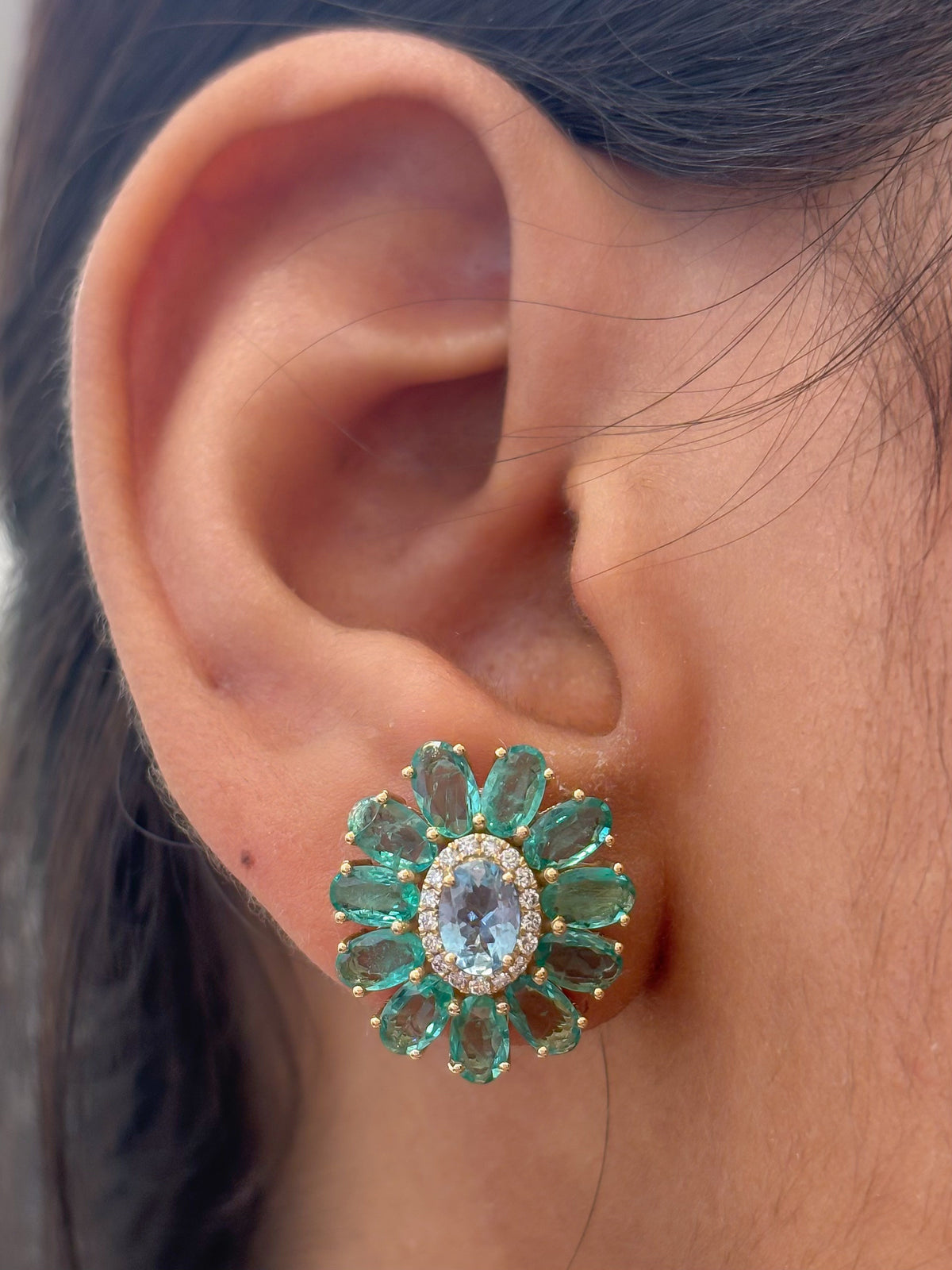 Emerald Aquamarine Diamond Earrings