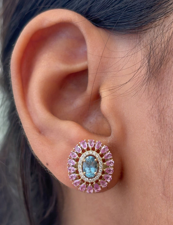 Pink Sapphire Aquamarine Diamond Earrings