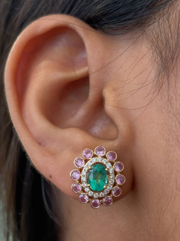 Pink Sapphire Emerald Diamond Earrings