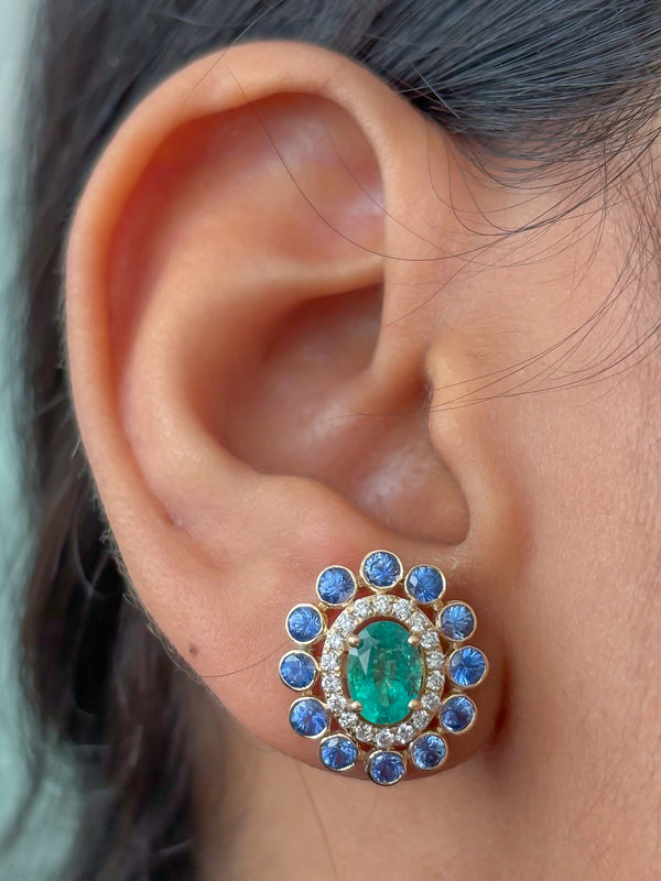 Blue Sapphire Emerald Diamond Earrings