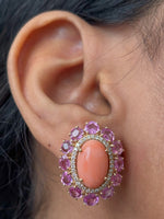 Coral Pink Sapphire Diamond Earrings