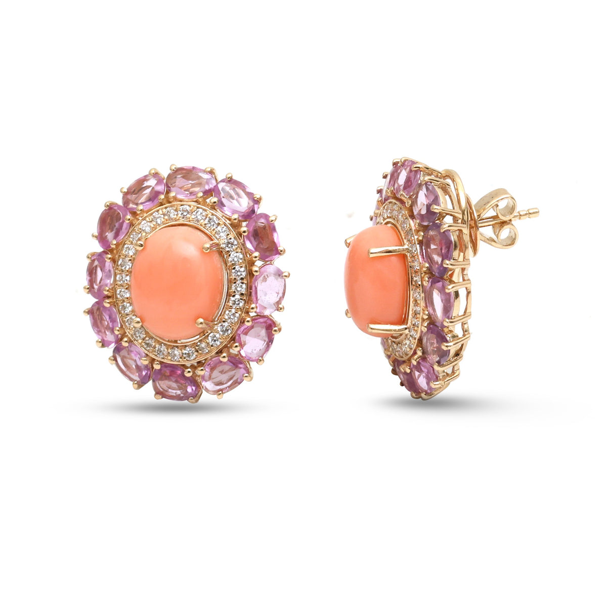 Coral Pink Sapphire Diamond Earrings