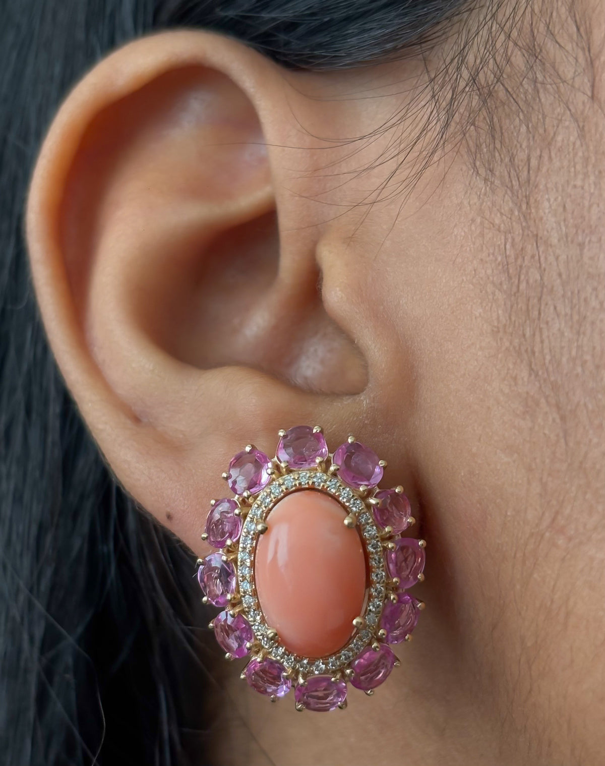 Coral Pink Sapphire Diamond Earrings