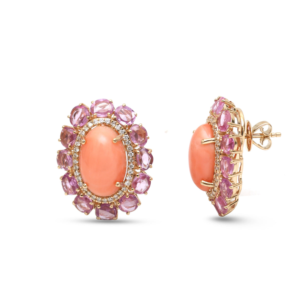 Coral Pink Sapphire Diamond Earrings