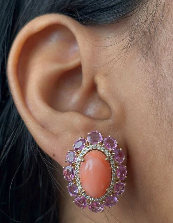 Coral Pink Sapphire Diamond Earrings