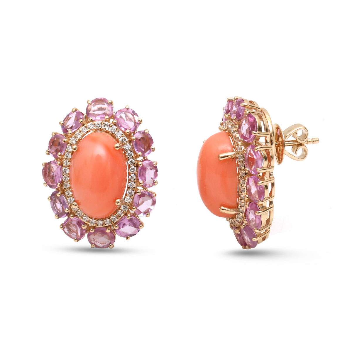 Coral Pink Sapphire Diamond Earrings